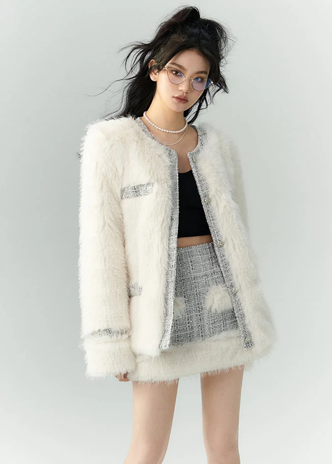 Italian White Button Coats And Skirts Leather And Fur Two Pieces Set Winter - Image 2