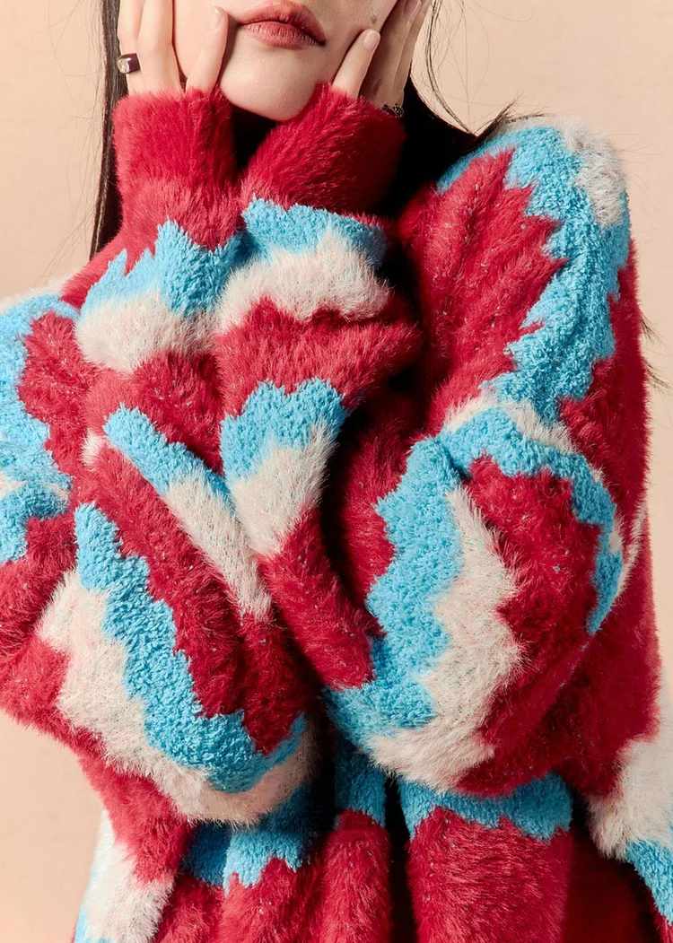 Chic Striped V Neck Cozy Mink Hair Knitted Short Sweaters Winter - Image 2