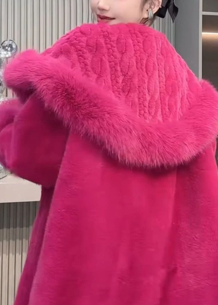 Stylish Rose Peter Pan Collar Patchwork Faux Fur Coat Winter - Image 5