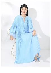 Boutique Rose Pink Sequins O-neck Long Sleeve Splicing Fur Pleated Dress - Image 3