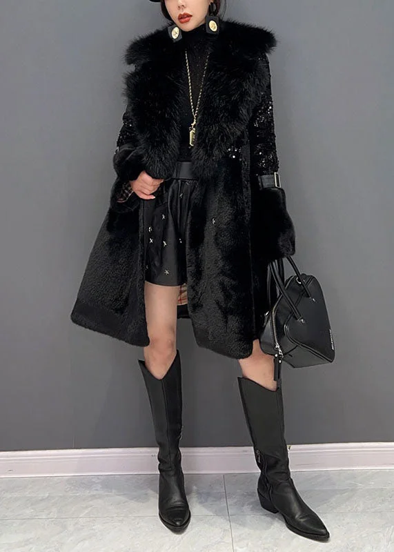 Fashion Black Fur Collar Sequins Patchwork Pockets Leather And Fur Coats Winter - Image 2
