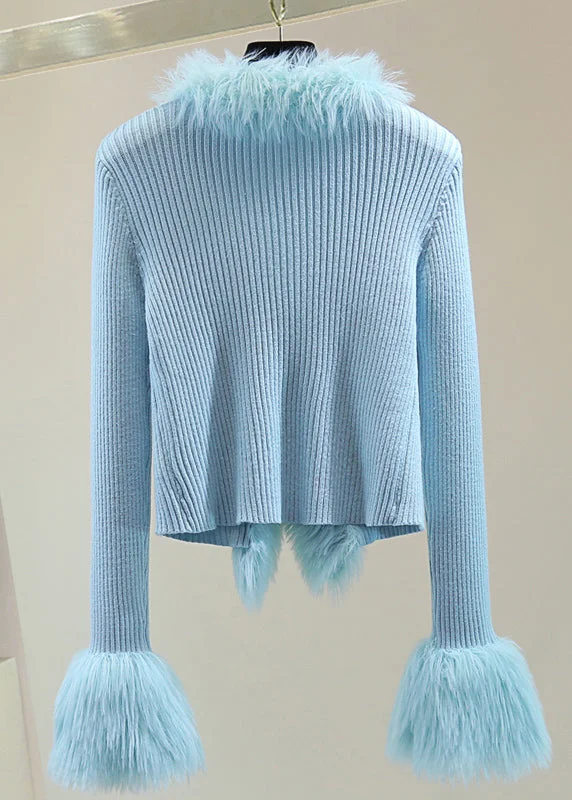 Chic Blue Fur Collar Patchwor Solid Cotton Knit Sweater Winter - Image 5