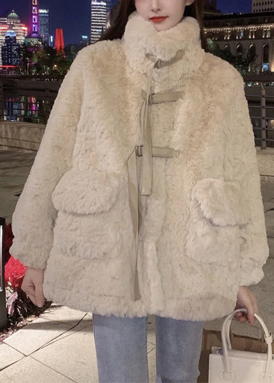 Natural Apricot Peter Pan Collar Thick Faux Fur Coats Winter - Image 2