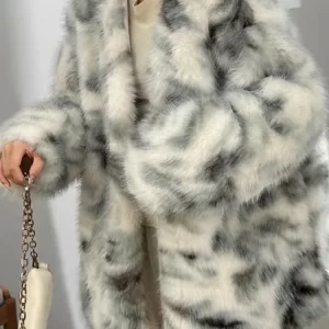Boutique Green V Neck Print Leather And Fur Coats Winter