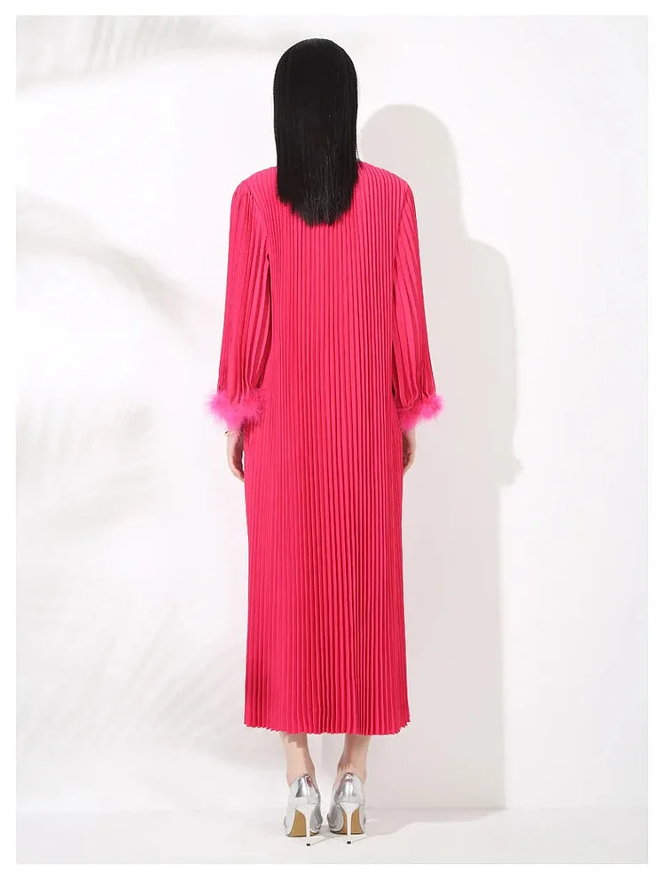 Boutique Rose Pink Sequins O-neck Long Sleeve Splicing Fur Pleated Dress - Image 8