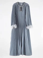 Boutique Rose Pink Sequins O-neck Long Sleeve Splicing Fur Pleated Dress - Image 5