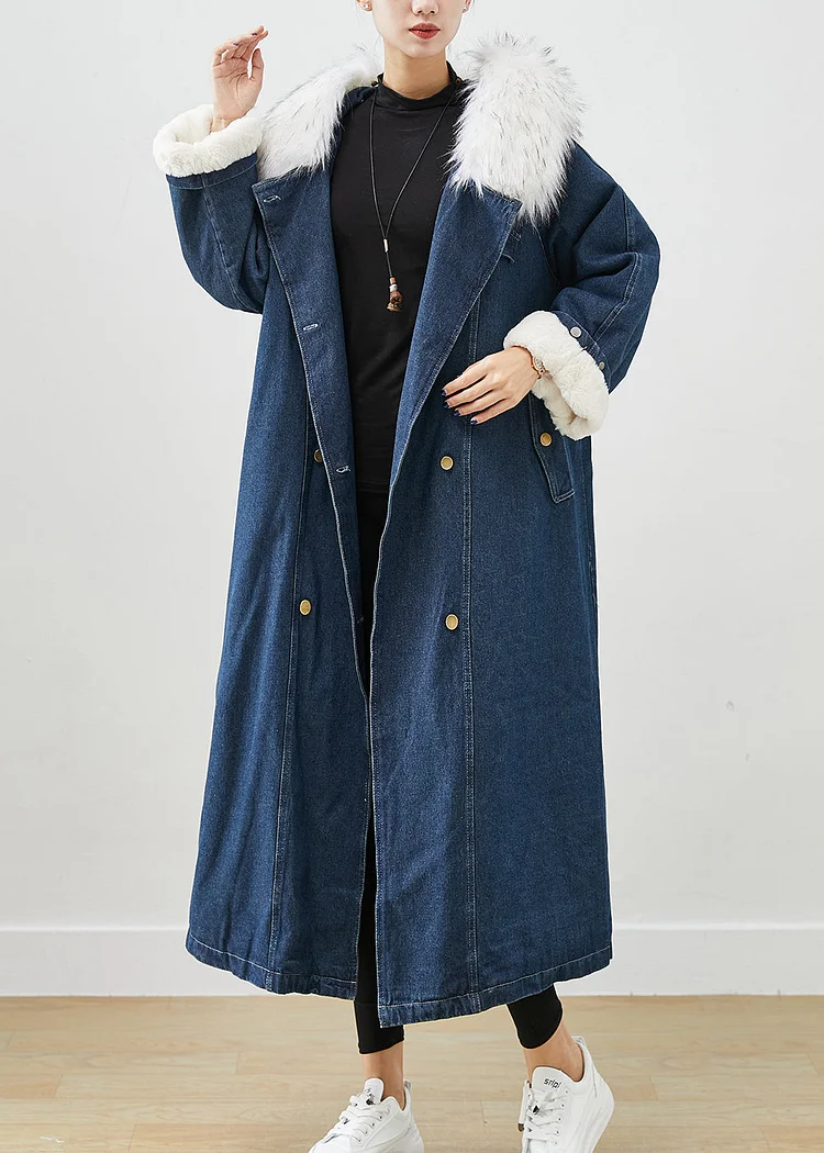 French Navy Fur Collar Thick Warm Fleece Denim Coats Fall - Image 5