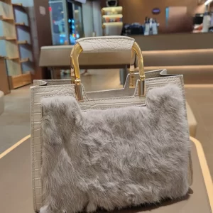 Boutique Black Faux Fur Patchwork Calf Leather Tote Handbag