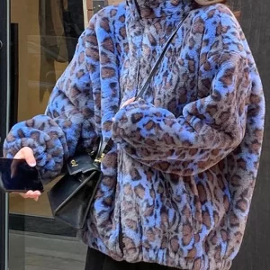 Oversized Stand Collar Blue Leopard Long Sleeve Faux Fur Zip-up Fluffy Coat