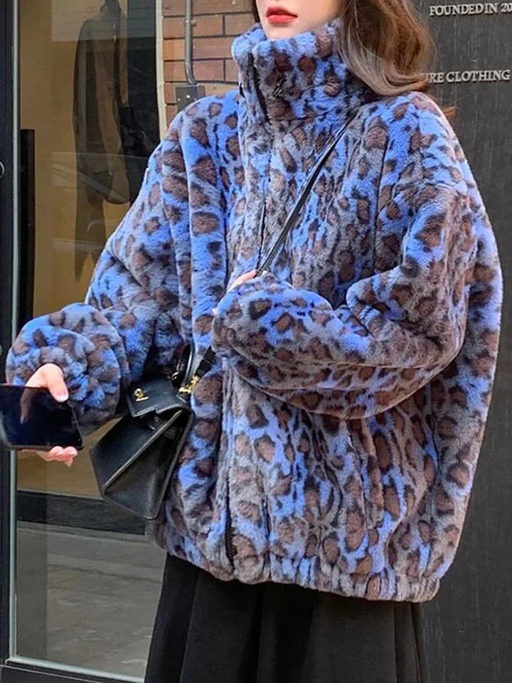 Oversized Stand Collar Blue Leopard Long Sleeve Faux Fur Zip-up Fluffy Coat