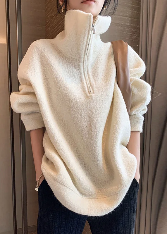 French White Hign Neck Zippered Faux Fur Pullover Sweatshirt Spring - Image 2