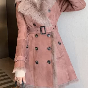 Classy Pink Fur Collar Tie Waist Leather And Fur Coats Winter