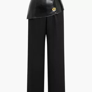 Solid Faux Leather Patchwork  Button Trousers