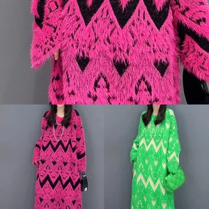 Green Patchwork Teddy Knit Sweater Dress O Neck Long Sleeve