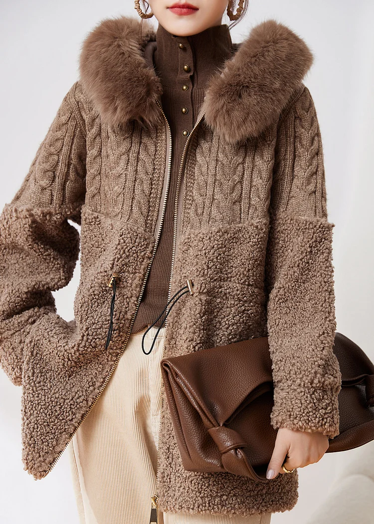 New Fashion Coffee Knitted Patchwork Faux Fur Thick Hooded Coats Winter - Image 5