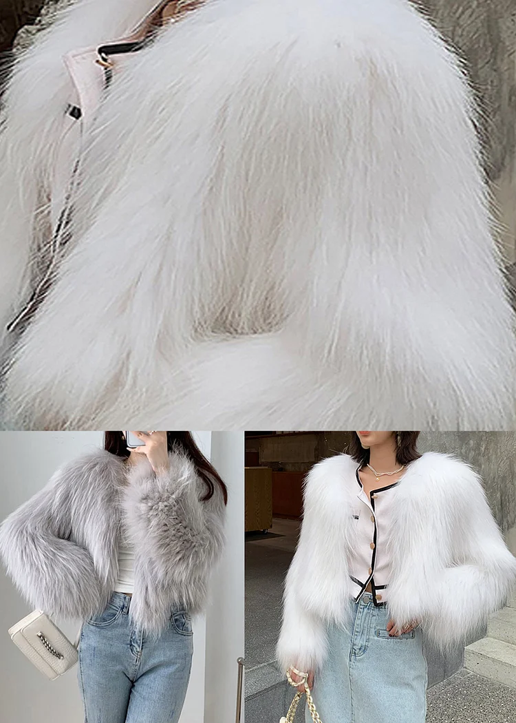 Fashion White V Neck Patchwork Faux Fur Coat Winter - Image 4