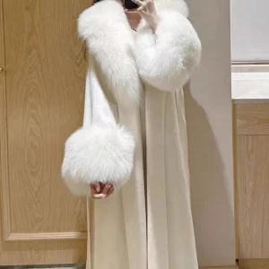 Style White Tie Waist Fur Collar Patchwork Woolen Coats Winter