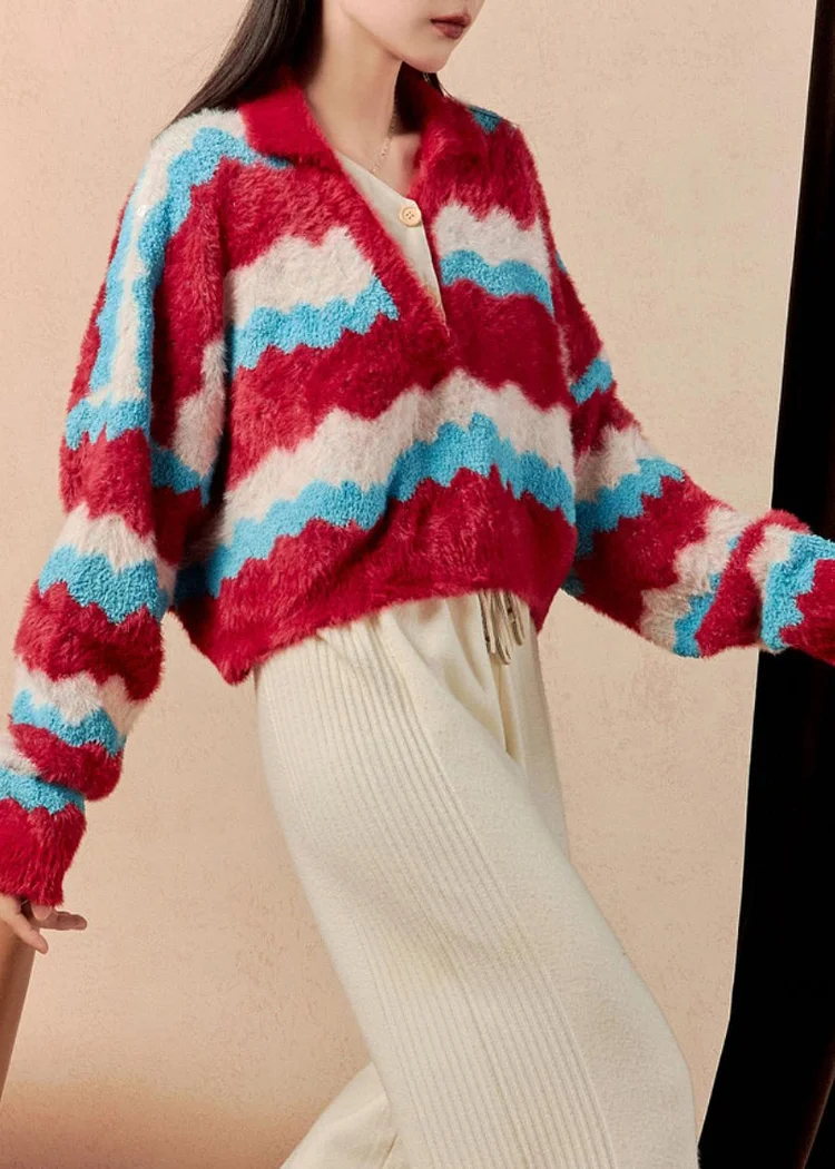 Chic Striped V Neck Cozy Mink Hair Knitted Short Sweaters Winter - Image 5