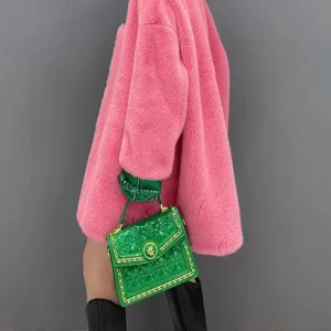 Cute Pink V Neck Button Warm Thick Faux Fur Coats Winter