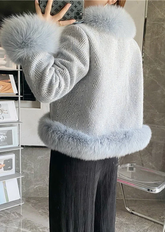 DIY Blue Stand Collar Leather And Faux Fur Coat Winter - Image 3