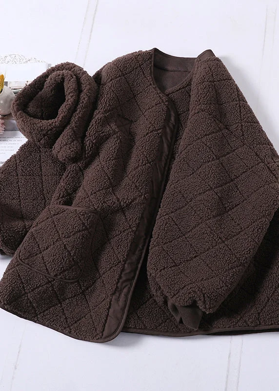 Fashion Khaki O-Neck Button Pockets Faux Fur Coat Winter - Image 3