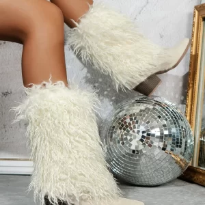 Stylish White Fuzzy Wool Lined Splicing Suede Chunky Boots