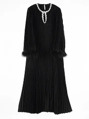 Boutique Rose Pink Sequins O-neck Long Sleeve Splicing Fur Pleated Dress - Image 6