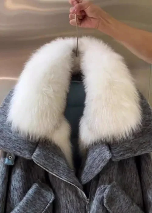 Women Grey Fur Collar Pockets Cotton Filled Coat Winter - Image 4