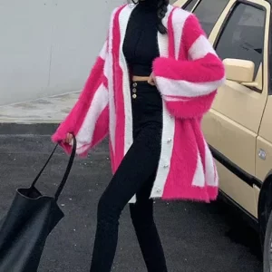 Rose Striped Mink Hair Knitted Loose Coat Oversized Batwing Sleeve