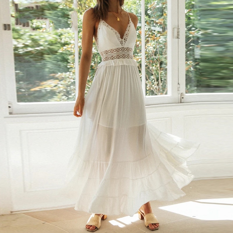 White Cotton Spaghetti Strap Maxi Dress Sexy Deep V-neck Backless Summer Women Beach Dress Casual Stitching Ruffle Dress - Image 3