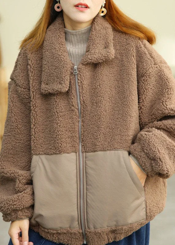 Modern Khaki Peter Pan Collar Patchwork Pockets Teddy Faux Fur Puffers Jackets Winter - Image 2