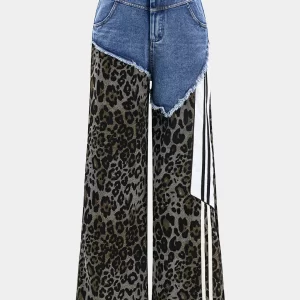 Leopard Print Denim Pleated Patchwork Button Pocket Wide Leg Jeans
