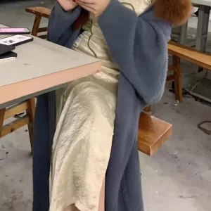 Boutique Haze Blue Fur Collar Mink Hair Knitted Coats Batwing Sleeve