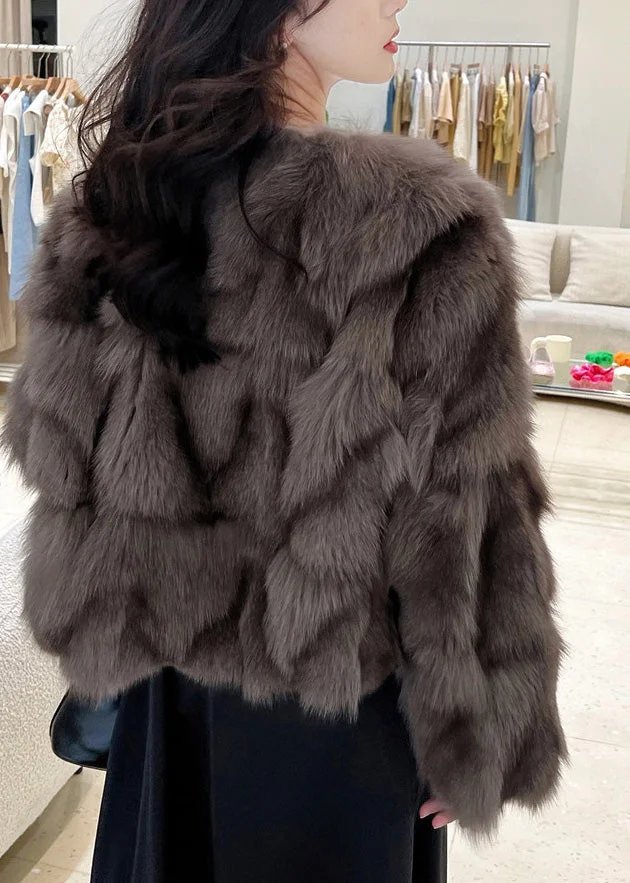 Bohemian Cocoa Colour O-Neck Fuzzy Fur Fluffy Leather And Fur Coats Winter - Image 2
