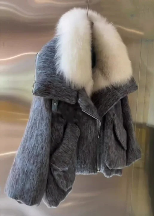 Women Grey Fur Collar Pockets Cotton Filled Coat Winter - Image 5