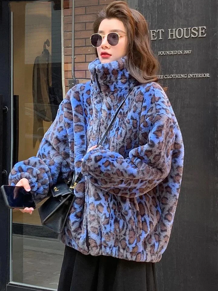 Oversized Stand Collar Blue Leopard Long Sleeve Faux Fur Zip-up Fluffy Coat - Image 6