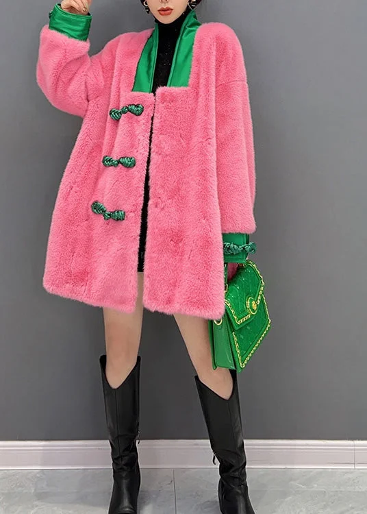 Cute Pink V Neck Button Warm Thick Faux Fur Coats Winter - Image 2