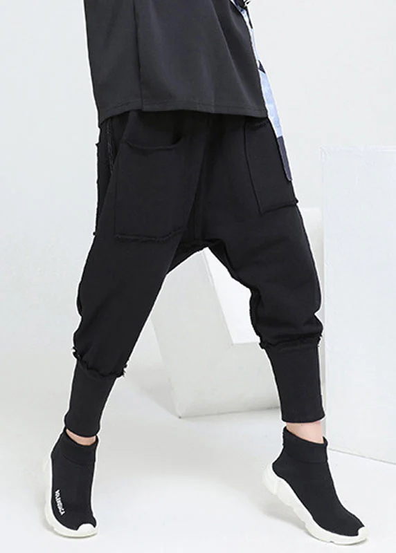 Fashion Black Pockets Elastic Waist Casual Fall Harem Pants - Image 2