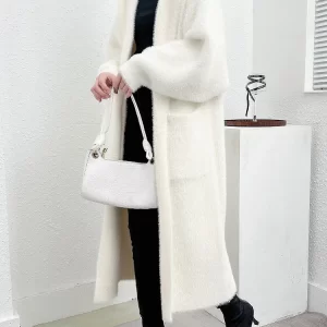 Modern White Hooded Pockets Mink Hair Knitted Cardigan Fall