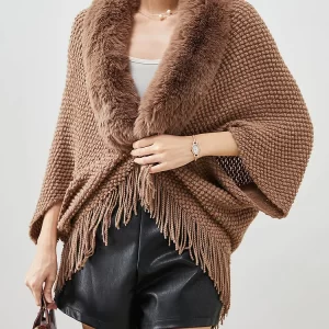 Boho Brown Fur Collar Tasseled Knit Cardigans Fall
