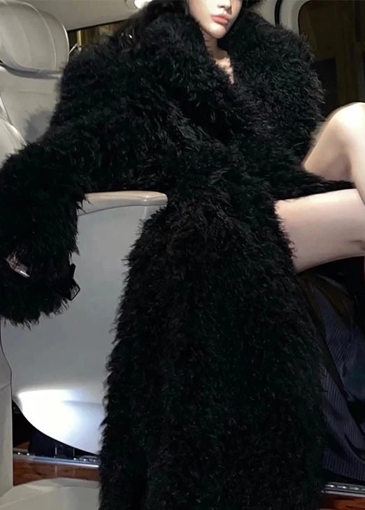 Stylish Black Tie Waist Patchwork Fuzzy Fur Fluffy Coat Winter - Image 3