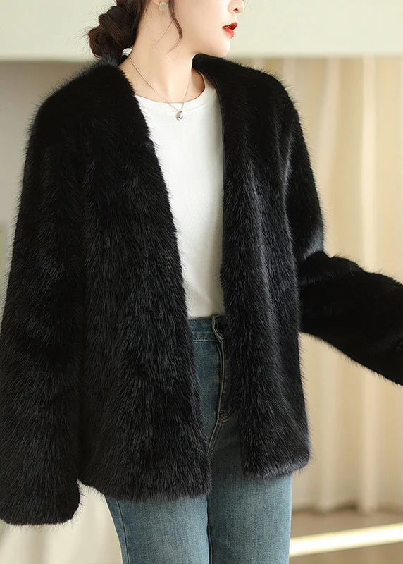 Boutique Fashion Coffee V Neck Faux Fur Coats Winter - Image 4