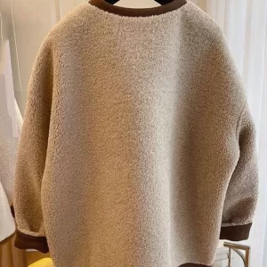 French Khaki O-Neck Patchwork Button Faux Fur Coats Winter