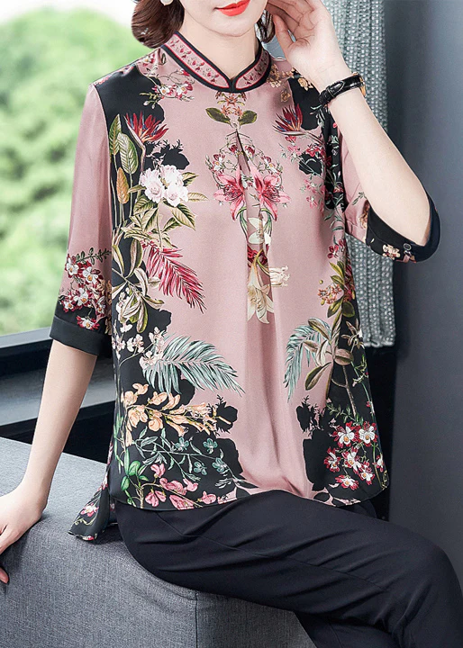 Stylish Pink Stand Collar Print Side Open Silk Shirt Tops Half Sleeve - Image 3