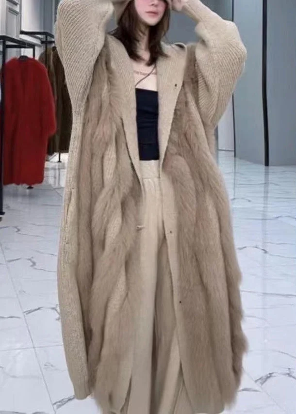 Fashion Grey Hooded Fox Fur Patchwork Knit Cardigan Fall - Image 5