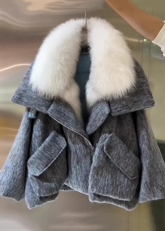 Women Grey Fur Collar Pockets Cotton Filled Coat Winter - Image 2