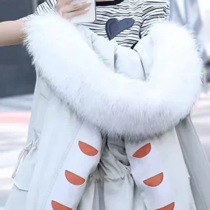 Women Blue Fur Collar Drawstring Pockets Patchwork Parka Long Sleeve