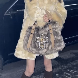 Fashion Khaki Zircon Large Capacity Mink Hair Tote Handbag