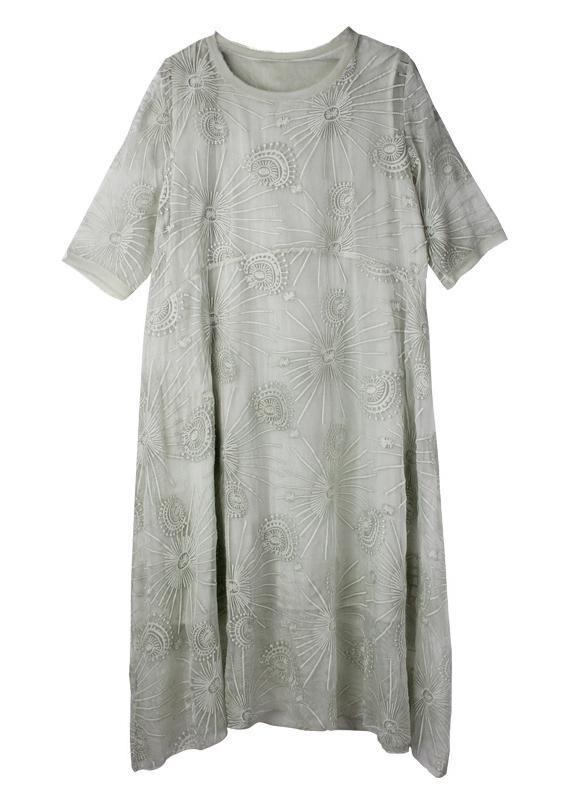 French Light Green Embroidery Chiffon Short Sleeve Summer Maxi Dresses - Image 4