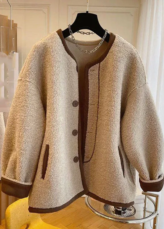 French Khaki O-Neck Patchwork Button Faux Fur Coats Winter - Image 2